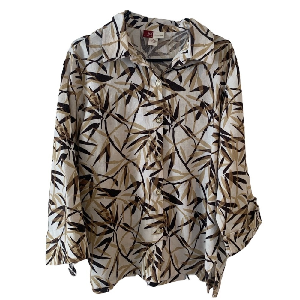 JM collection 100% linen button up tropical print Brown Tan shirt blouse size 16